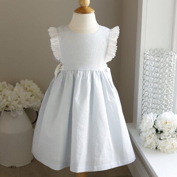 Blue Cotton Linen Pinafore Dress Portrait Vacation Monogram Size 5 NWT - Picture 3 of 8